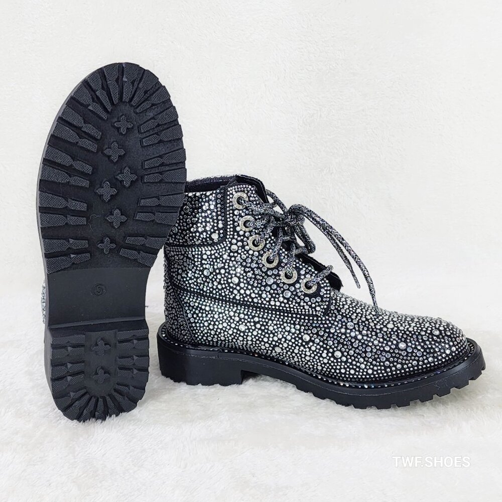 Wonder Sparkling Rhinestone Combat Ankle Boot Metallic Black - Picture 4 of 8